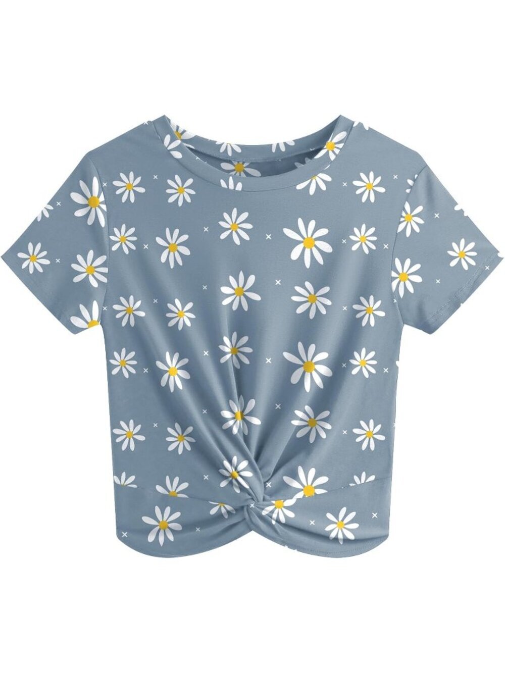 Women's T Shirt Blue Summer Causal Short Sleeves Blouse Round Neck Crop Tops